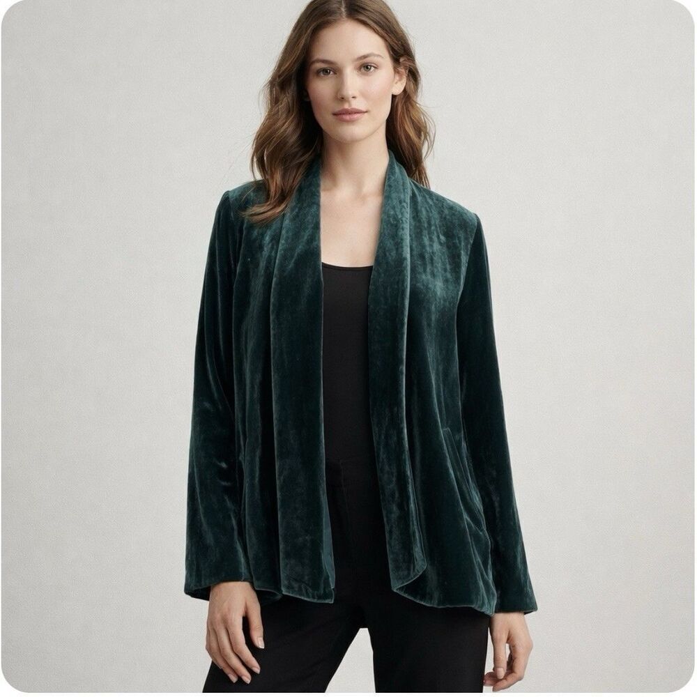 Eileen Fisher Velvet Open Front Drape Cardigan Jacket Blazer Emerald Green XS